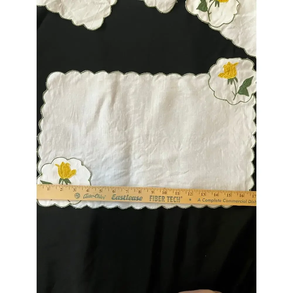 Vintage Linen Placemats Set of 6 Yellow Rose Embroidered Scalloped Table Mats